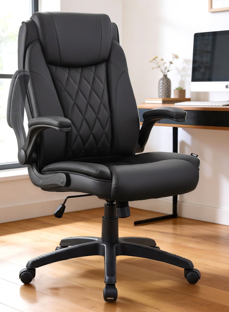 DROGO Ergonomic Premium Leatherette Office Chair for Work at Home, Computer Chair with Flip-Up Armrest, Height Adjustable Leather Seat, Cushioned Headrest, & Lumbar Support | Desk Chair with Multi Level Reclining Black - Image 1